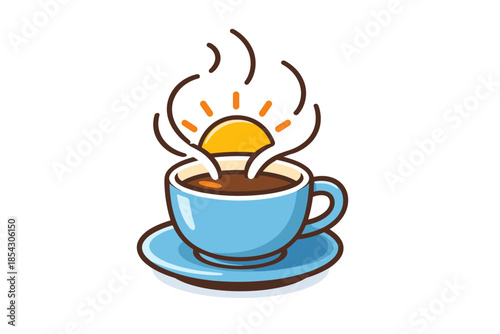 Sunrise and steaming coffee cup with blue saucer