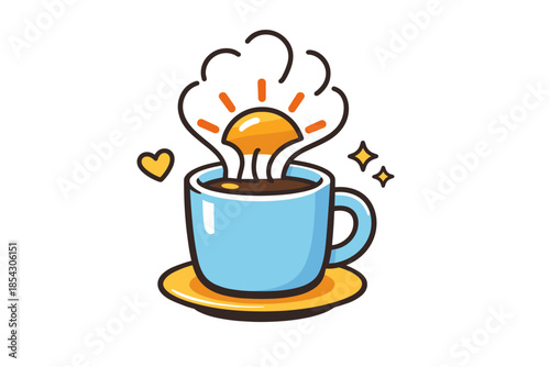 Cute coffee mug with rising sun and steam