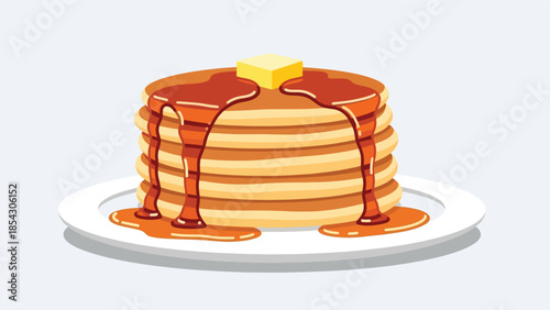 Pancake stack flat illustration with syrup and butter, breakfast dessert concept isolated on clean background, ideal for breakfast menus, cafés, and food promotions