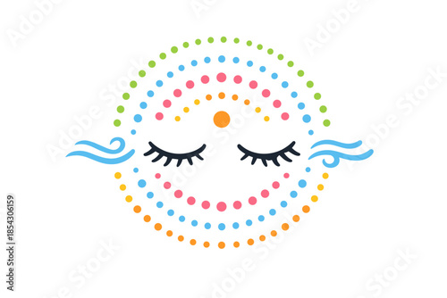 Colorful abstract mandala with closed eyes and wavy lines