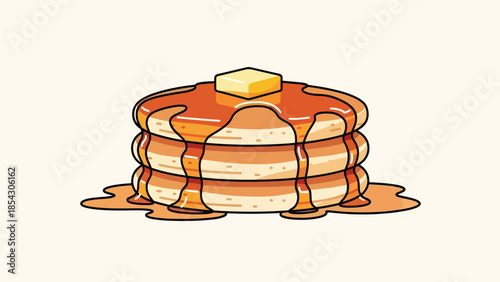 Pancake stack flat illustration with syrup and butter, breakfast dessert concept isolated on clean background, ideal for breakfast menus, cafés, and food promotions