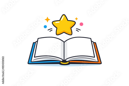 Open storybook with shining star and colorful accents