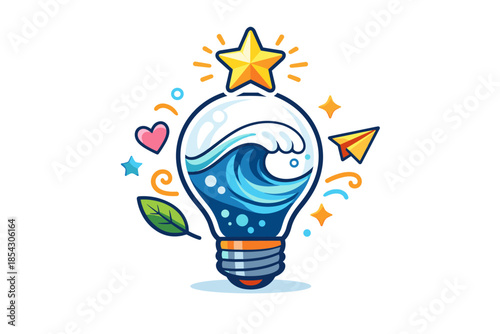 Creative lightbulb with ocean wave and starburst design elements