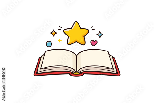 Open book with floating star and symbols