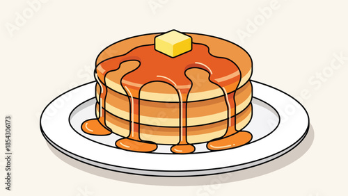 Pancake stack flat illustration with syrup and butter, breakfast dessert concept isolated on clean background, ideal for breakfast menus, cafés, and food promotions