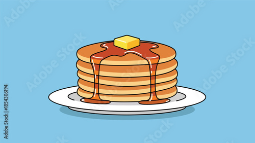 Pancake stack flat illustration with syrup and butter, breakfast dessert concept isolated on clean background, ideal for breakfast menus, cafés, and food promotions