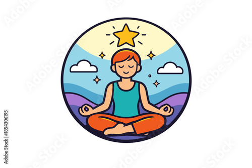Peaceful meditation cartoon with stars and nature theme