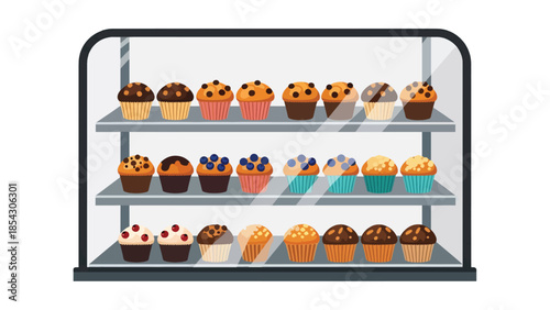 Muffin bakery display flat illustration with neatly arranged muffins, casual dessert concept isolated on clean background, ideal for bakery showcases and menu design