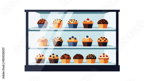Muffin bakery display flat illustration with neatly arranged muffins, casual dessert concept isolated on clean background, ideal for bakery showcases and menu design