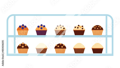Muffin bakery display flat illustration with neatly arranged muffins, casual dessert concept isolated on clean background, ideal for bakery showcases and menu design