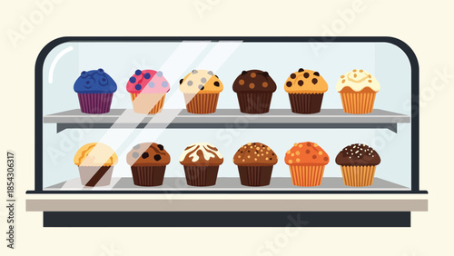 Muffin bakery display flat illustration with neatly arranged muffins, casual dessert concept isolated on clean background, ideal for bakery showcases and menu design