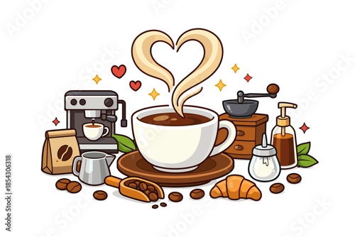 Coffee lovers delight: heart-shaped steam with espresso machine and ingredients