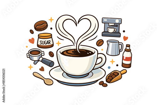 Heart-shaped coffee steam with brewing essentials and decorative elements