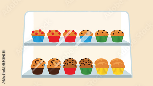 Muffin bakery display flat illustration with neatly arranged muffins, casual dessert concept isolated on clean background, ideal for bakery showcases and menu design