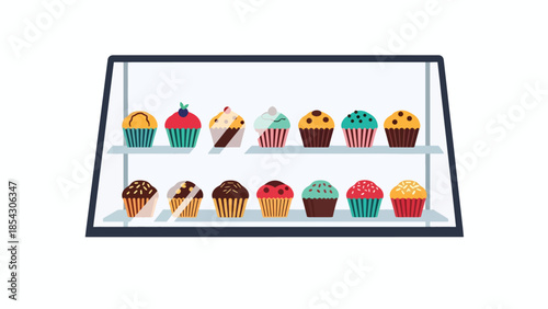 Muffin bakery display flat illustration with neatly arranged muffins, casual dessert concept isolated on clean background, ideal for bakery showcases and menu design