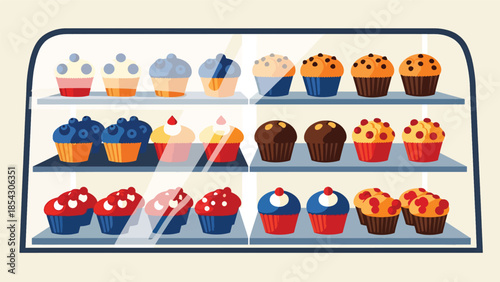 Muffin bakery display flat illustration with neatly arranged muffins, casual dessert concept isolated on clean background, ideal for bakery showcases and menu design