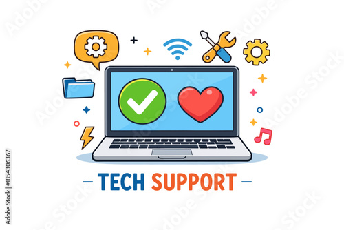 Tech support icon with laptop displaying checkmark and heart symbols
