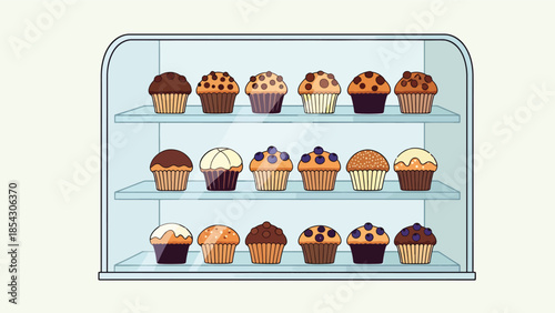 Muffin bakery display flat illustration with neatly arranged muffins, casual dessert concept isolated on clean background, ideal for bakery showcases and menu design