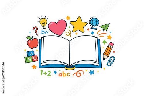 Colorful educational symbols surrounding open book with school supplies