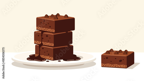Chocolate brownies flat illustration cut into squares, homemade dessert concept isolated on clean background, ideal for dessert menus, food blogs, and bakery promotions