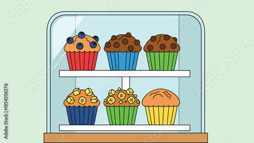 Muffin bakery display flat illustration with neatly arranged muffins, casual dessert concept isolated on clean background, ideal for bakery showcases and menu design