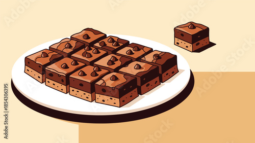 Chocolate brownies flat illustration cut into squares, homemade dessert concept isolated on clean background, ideal for dessert menus, food blogs, and bakery promotions