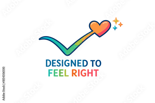 Colorful heart checkmark logo with 'designed to feel right' text