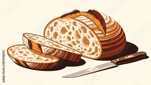 Sliced sourdough bread flat illustration showing texture, artisan baking concept isolated on clean background, ideal for bakery branding, bread packaging, and food education
