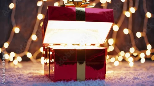 A red and gold gift box partially open, emanating a warm, magical glow. surrounded by a soft bokeh background of shimmering lights, it conveys a sense of festive wonder and holiday anticipation.