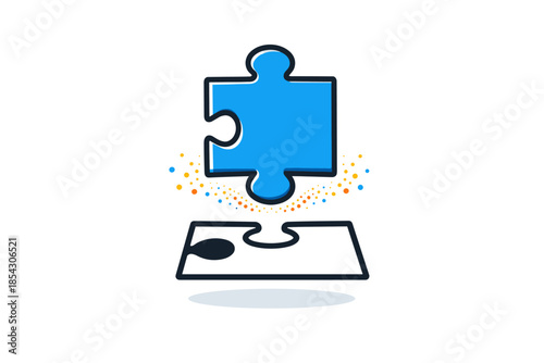 Blue puzzle piece being placed with colorful dots