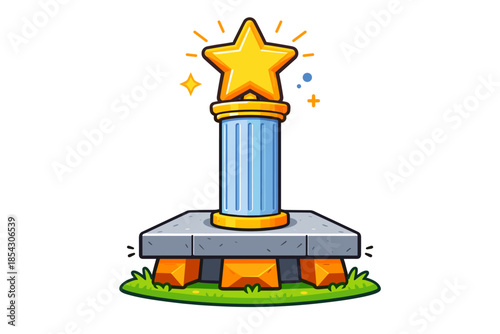 Cartoon star trophy on column with glowing base and grass platform
