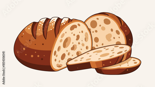 Sliced sourdough bread flat illustration showing texture, artisan baking concept isolated on clean background, ideal for bakery branding, bread packaging, and food education