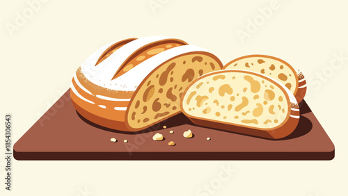 Sliced sourdough bread flat illustration showing texture, artisan baking concept isolated on clean background, ideal for bakery branding, bread packaging, and food education