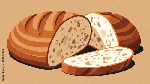Sliced sourdough bread flat illustration showing texture, artisan baking concept isolated on clean background, ideal for bakery branding, bread packaging, and food education
