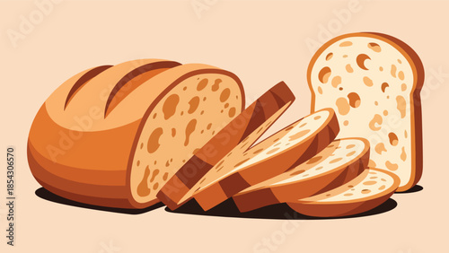 Sliced sourdough bread flat illustration showing texture, artisan baking concept isolated on clean background, ideal for bakery branding, bread packaging, and food education