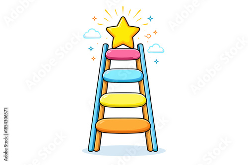 Colorful ladder reaching star amid clouds and sunshine