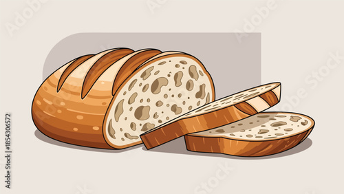 Sliced sourdough bread flat illustration showing texture, artisan baking concept isolated on clean background, ideal for bakery branding, bread packaging, and food education