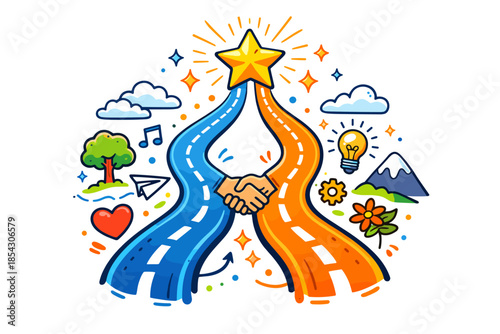 Collaborative success journey: two roads converging to a star with handshake