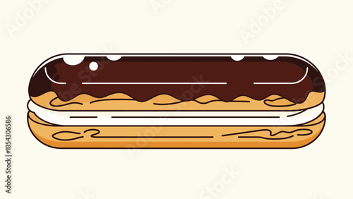 Chocolate eclair pastry flat illustration with cream filling, French dessert concept isolated on clean background, ideal for café menus and bakery branding