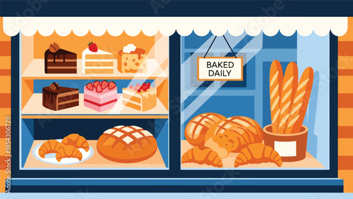 Bakery storefront flat illustration displaying cakes and bread in window, small business food concept isolated on clean background, ideal for retail branding and promotions