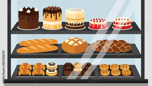 Bakery storefront flat illustration displaying cakes and bread in window, small business food concept isolated on clean background, ideal for retail branding and promotions