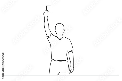 Continuous line drawing of a soccer referee showing a card for a foul