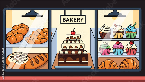 Bakery storefront flat illustration displaying cakes and bread in window, small business food concept isolated on clean background, ideal for retail branding and promotions