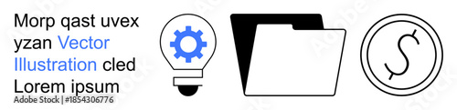 Innovation, creativity, organization, finance, digital tools, data storage. Lightbulb with gear, folder coin icon. Innovation and organization visual concept