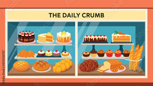 Bakery storefront flat illustration displaying cakes and bread in window, small business food concept isolated on clean background, ideal for retail branding and promotions