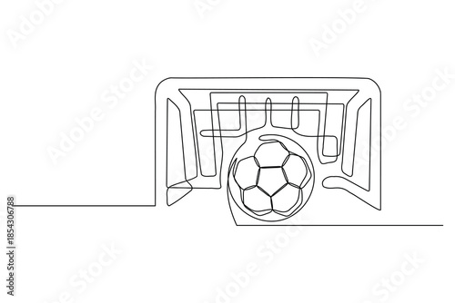 Single line illustration of a soccer ball in front of the goal post and net