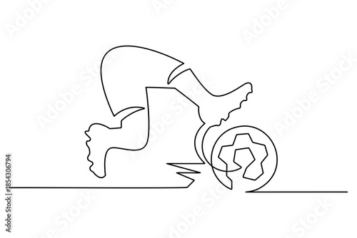 One line art of a player foot controlling a soccer ball on the ground
