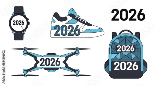 Futuristic 2026 new year gadgets and accessories collection with drone and smart watch