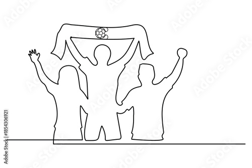 Group of soccer fans cheering and holding a team scarf in a single line drawing style