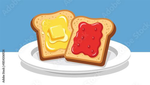 Toast bread breakfast flat illustration with butter and jam, simple morning food concept isolated on clean background, ideal for breakfast menus and food graphics